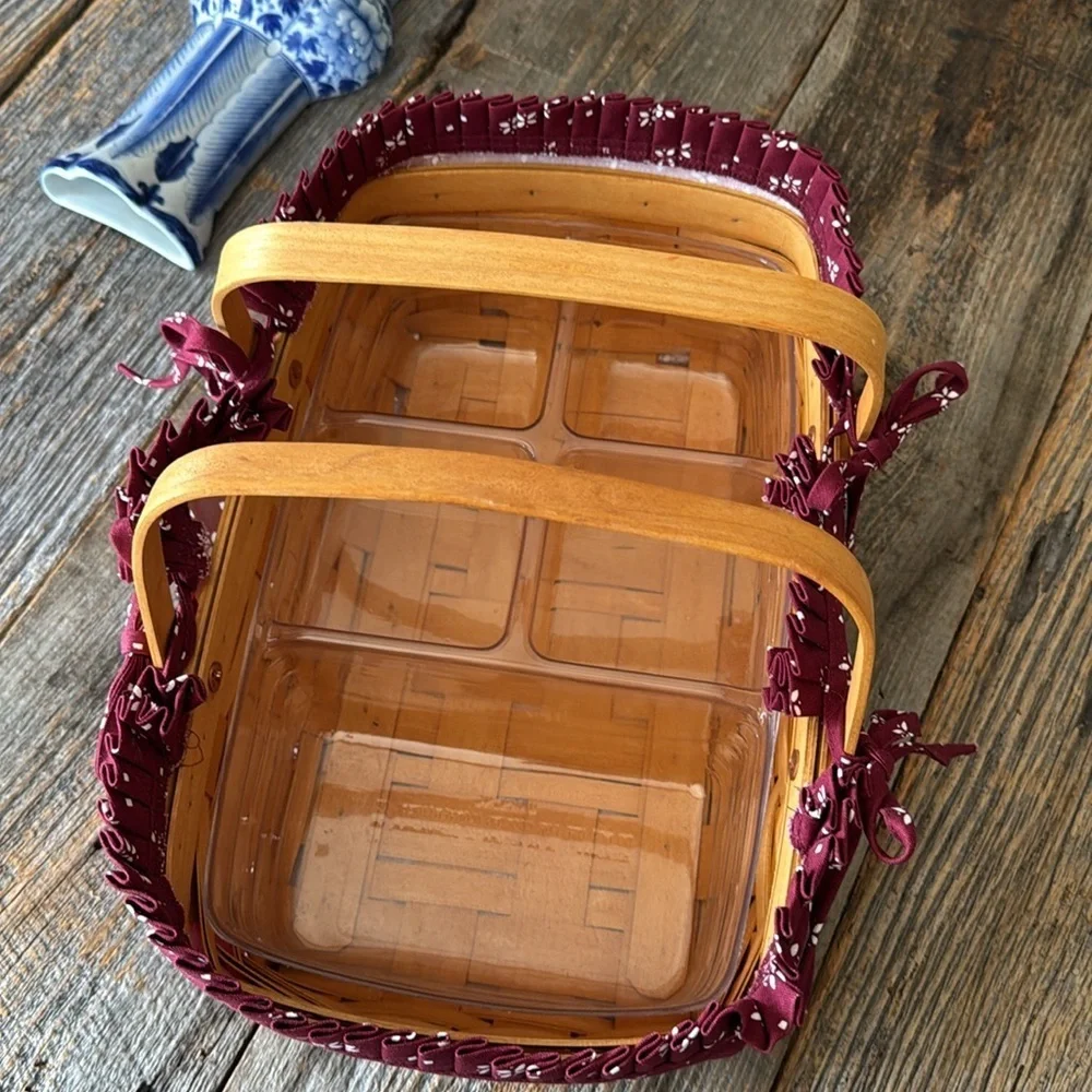Longaberger Woven Handled Basket with Burgundy Fabric and Insert Liner